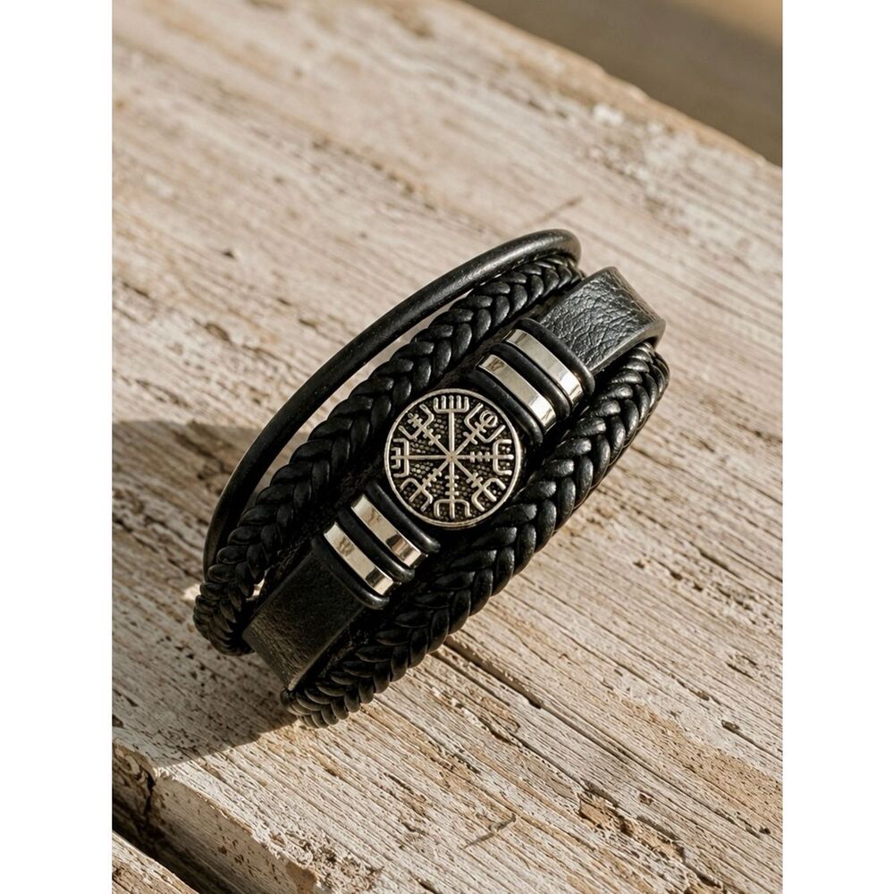 Vegvísir Compass Bracelet – Black Braided Vegan Leather - Picture 4 of 7